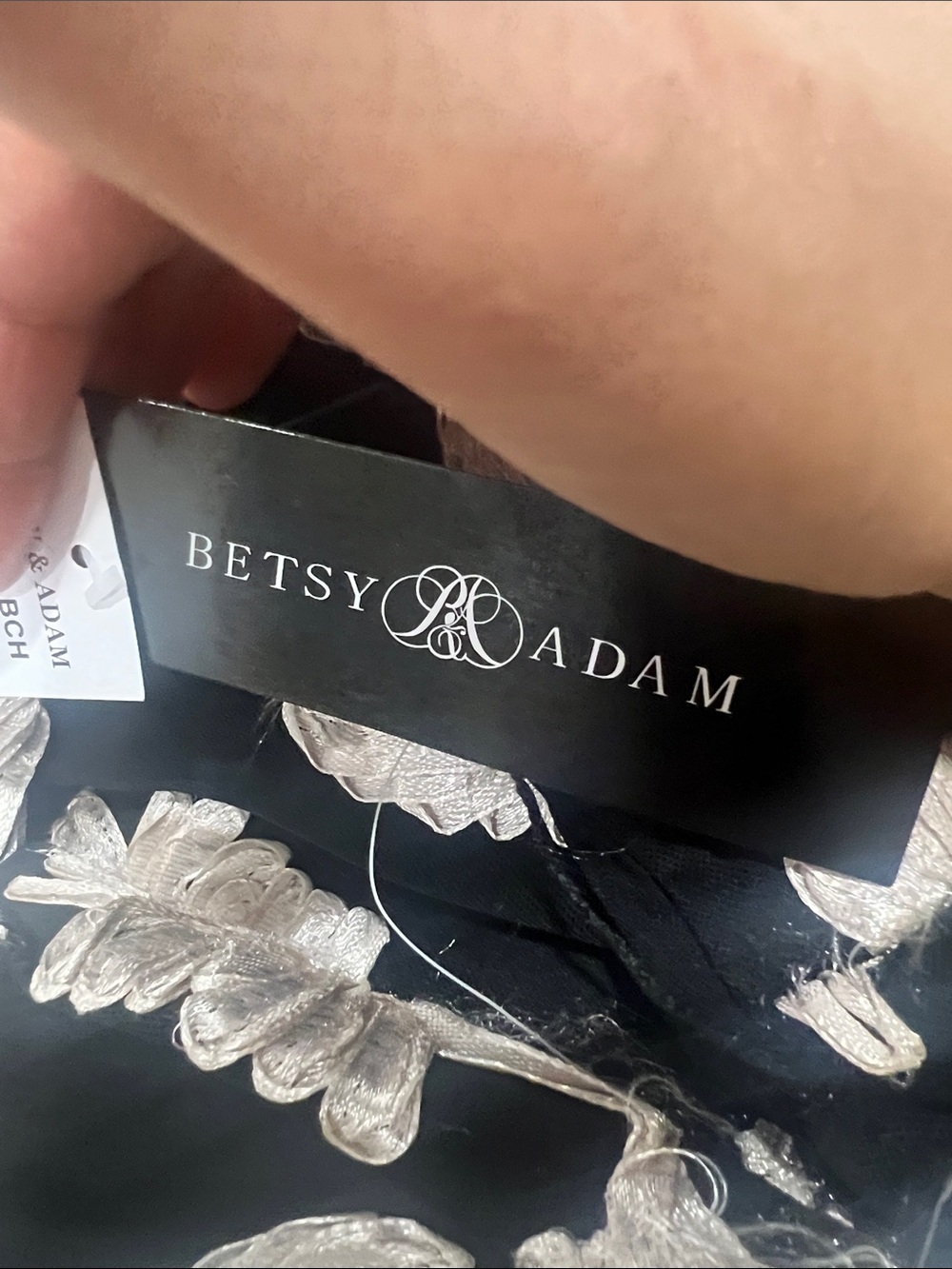 Betsy & Adam Black Long-Sleeve Gown with Ivory Floral Appliqué - Picture 8 of 9